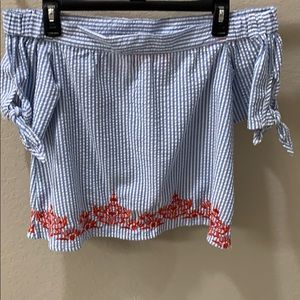 Off the shoulder smoked top w/ orange embroidering